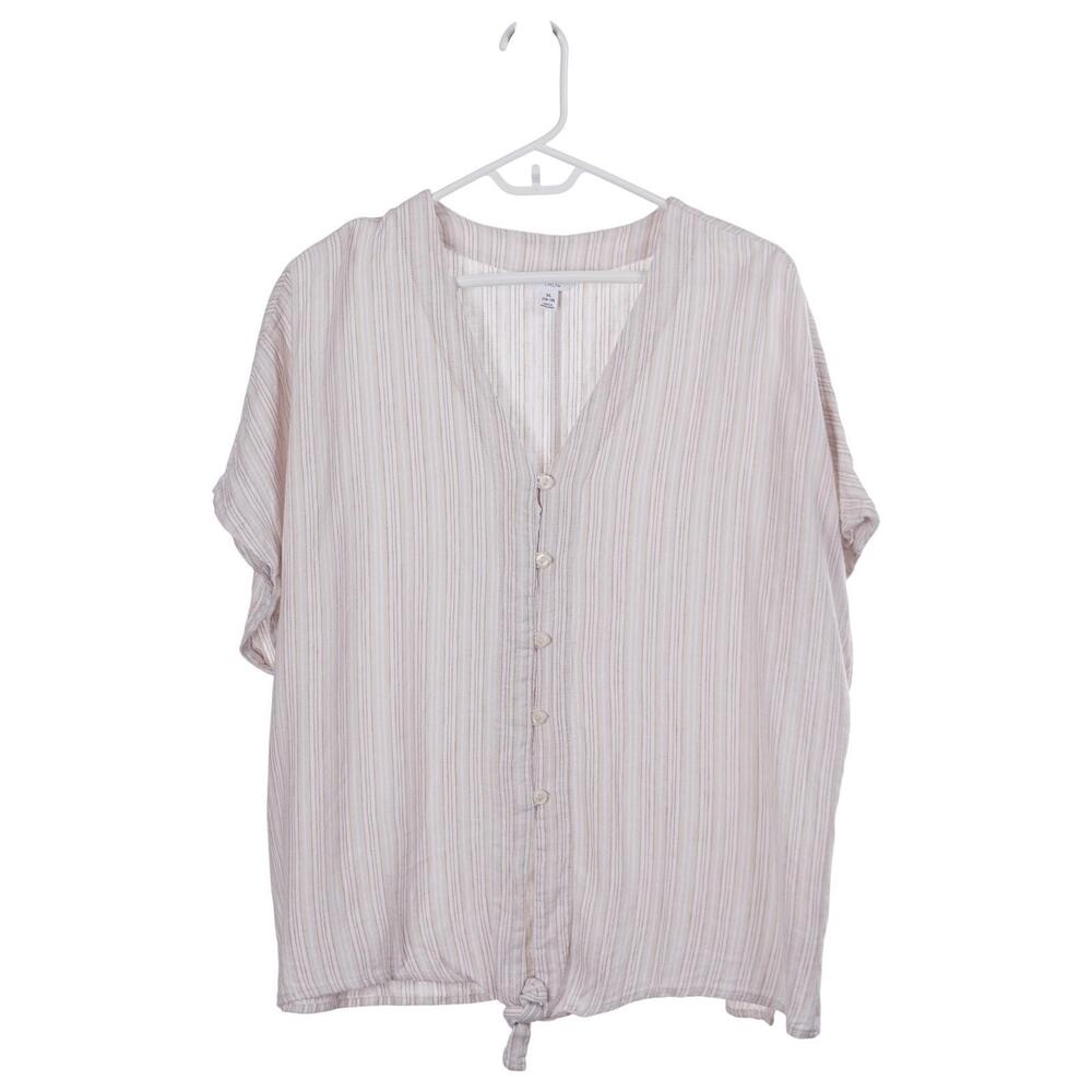 Time and Tru Top XL Beige Striped Linen Blend Button Up Short Sleeve Casual